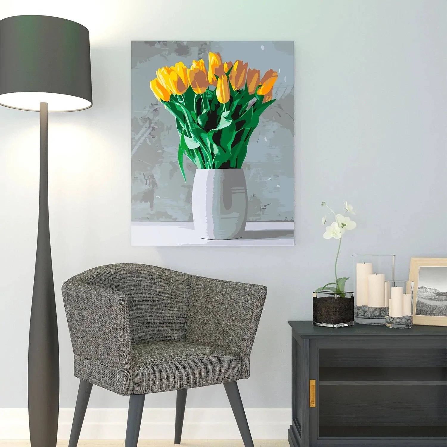 Vase with yellow tulips