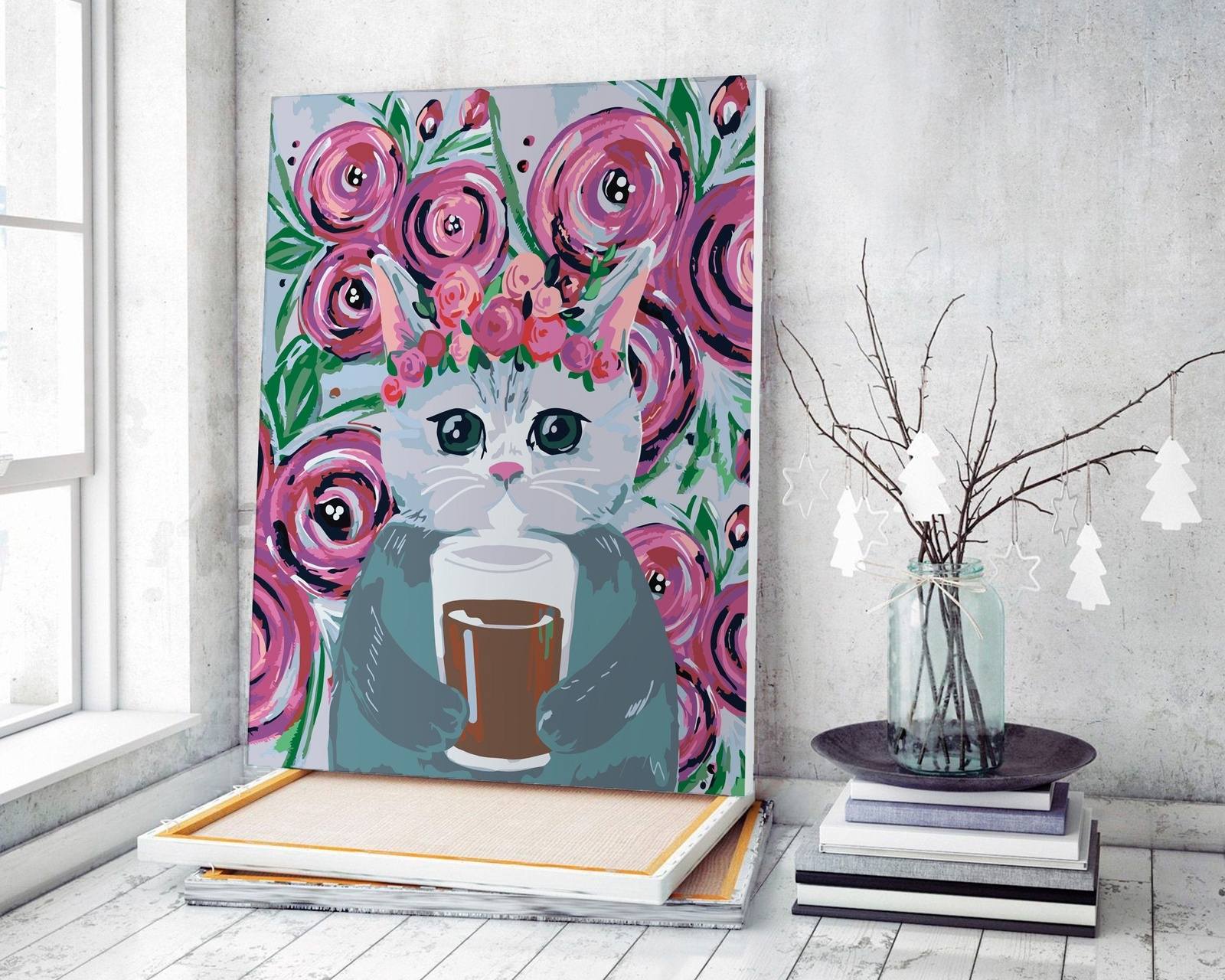 A Cat With Coffee And Pink Roses